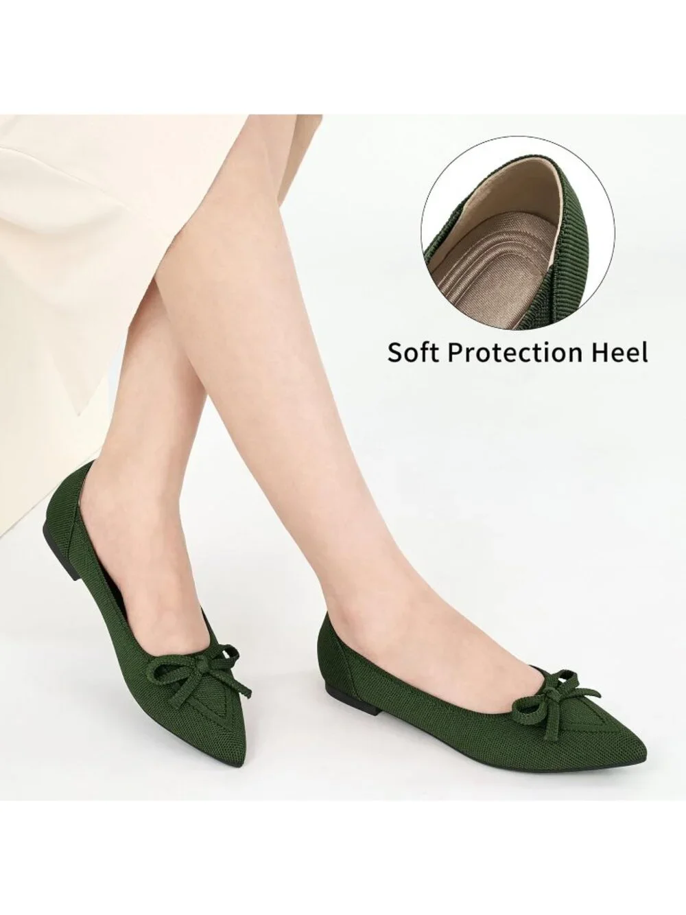 Women's Green Ballet Flats Shoes Dressy Pointed Toe Bow Knit Flats Comfortable